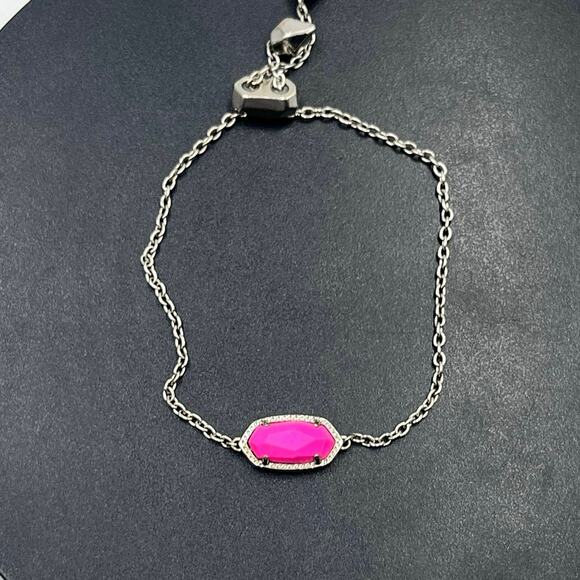 Kendra Scott Elaina Silver Plated Chain Neon Pink Magnesite Bolo Adj Bracelet - Picture 1 of 8